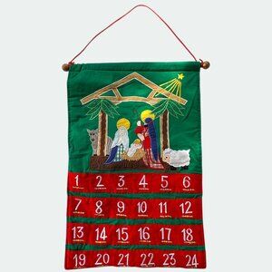 Vintage Nativity Scene Fabric Advent Calendar With Pockets & Red Hanging Cord
